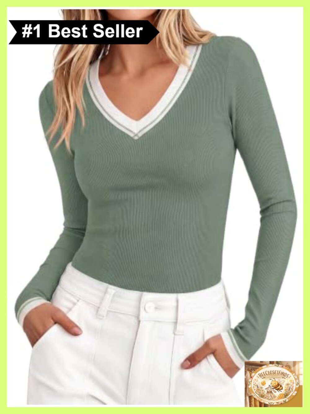 Women's V Neck Long Sleeve Ribbed Knit Fitted T-Shirt Slim Fit Fall Top